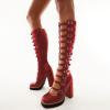 imageFSJ Women Fashion Straps Buckle Round Toe Knee High Boots Chunky High Heel Casual Walking Ladies Platform Shoes Size 415 USDark Red