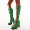 imageFSJ Women Fashion Straps Buckle Round Toe Knee High Boots Chunky High Heel Casual Walking Ladies Platform Shoes Size 415 USGreen