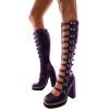 imageFSJ Women Fashion Straps Buckle Round Toe Knee High Boots Chunky High Heel Casual Walking Ladies Platform Shoes Size 415 USPurple