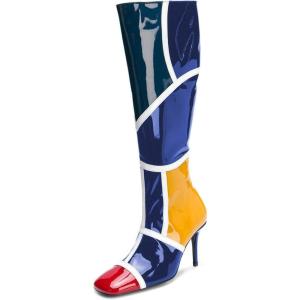 imageFSJ Women Colorful Square Toe Knee High Long Boots Stylish Multicolor Stiletto High Heels Side Zipper Patent Leather Shoes Size 415 USBlue