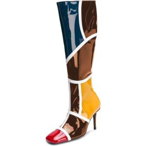imageFSJ Women Colorful Square Toe Knee High Long Boots Stylish Multicolor Stiletto High Heels Side Zipper Patent Leather Shoes Size 415 USBrown