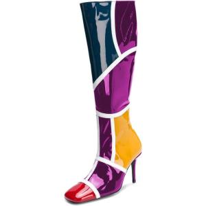 imageFSJ Women Colorful Square Toe Knee High Long Boots Stylish Multicolor Stiletto High Heels Side Zipper Patent Leather Shoes Size 415 USPurple
