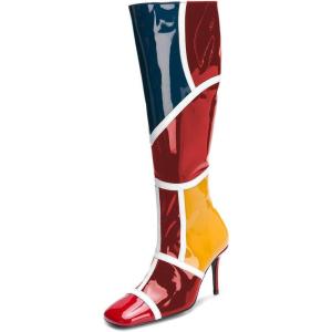 imageFSJ Women Colorful Square Toe Knee High Long Boots Stylish Multicolor Stiletto High Heels Side Zipper Patent Leather Shoes Size 415 USRed