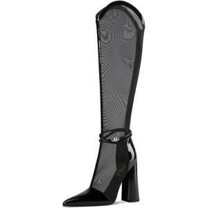 imageFSJ Women Elegant Pointed Toe Chunky High Heel Mesh Knee High Long Boots Back Zipper Summer Casual Morden Ladies Shoes Size 415 USBlack