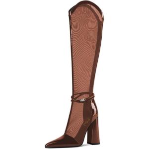imageFSJ Women Elegant Pointed Toe Chunky High Heel Mesh Knee High Long Boots Back Zipper Summer Casual Morden Ladies Shoes Size 415 USBrown