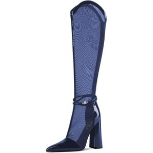 imageFSJ Women Elegant Pointed Toe Chunky High Heel Mesh Knee High Long Boots Back Zipper Summer Casual Morden Ladies Shoes Size 415 USDark Blue