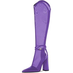 imageFSJ Women Elegant Pointed Toe Chunky High Heel Mesh Knee High Long Boots Back Zipper Summer Casual Morden Ladies Shoes Size 415 USDark Orchid