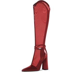 imageFSJ Women Elegant Pointed Toe Chunky High Heel Mesh Knee High Long Boots Back Zipper Summer Casual Morden Ladies Shoes Size 415 USDark Red