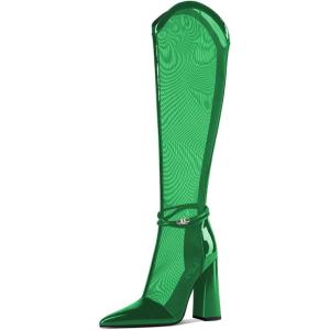 imageFSJ Women Elegant Pointed Toe Chunky High Heel Mesh Knee High Long Boots Back Zipper Summer Casual Morden Ladies Shoes Size 415 USGreen