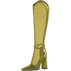 imageFSJ Women Elegant Pointed Toe Chunky High Heel Mesh Knee High Long Boots Back Zipper Summer Casual Morden Ladies Shoes Size 415 USOlive