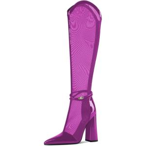 imageFSJ Women Elegant Pointed Toe Chunky High Heel Mesh Knee High Long Boots Back Zipper Summer Casual Morden Ladies Shoes Size 415 USPurple