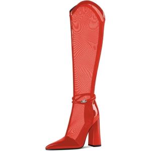imageFSJ Women Elegant Pointed Toe Chunky High Heel Mesh Knee High Long Boots Back Zipper Summer Casual Morden Ladies Shoes Size 415 USRed