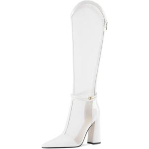 imageFSJ Women Elegant Pointed Toe Chunky High Heel Mesh Knee High Long Boots Back Zipper Summer Casual Morden Ladies Shoes Size 415 USWhite
