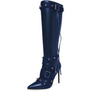 imageFSJ Women Elegant Pointed Toe Knee High Boots Stiletto High Heel Side Zipper Ladies Winter Long Boots Size 415 USDark Blue