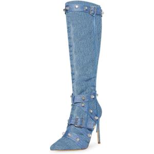 imageFSJ Women Elegant Pointed Toe Knee High Boots Stiletto High Heel Side Zipper Ladies Winter Long Boots Size 415 USDenim