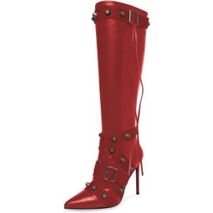 imageFSJ Women Elegant Pointed Toe Knee High Boots Stiletto High Heel Side Zipper Ladies Winter Long Boots Size 415 USRed