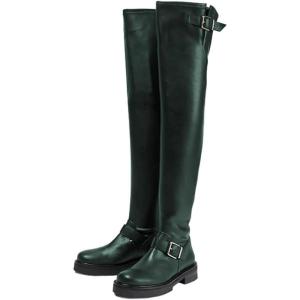 imageFSJ Women Fashion Over the Knee Boots Round Toe Thigh High Thick Heel Flat Boots Sexy Slip On Stretch Leather with Zipper Winter Riding Long Boots Size 415 USDark Green