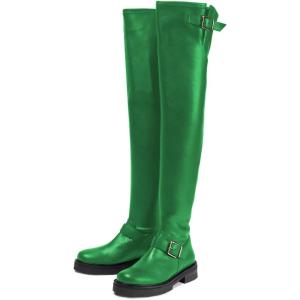 imageFSJ Women Fashion Over the Knee Boots Round Toe Thigh High Thick Heel Flat Boots Sexy Slip On Stretch Leather with Zipper Winter Riding Long Boots Size 415 USGreen