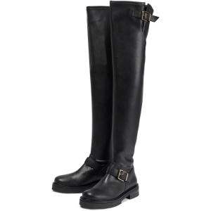 imageFSJ Women Fashion Over the Knee Boots Round Toe Thigh High Thick Heel Flat Boots Sexy Slip On Stretch Leather with Zipper Winter Riding Long Boots Size 415 USBlack