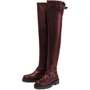 imageFSJ Women Fashion Over the Knee Boots Round Toe Thigh High Thick Heel Flat Boots Sexy Slip On Stretch Leather with Zipper Winter Riding Long Boots Size 415 USReddish Brown