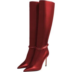 imageFSJ Women Fashion Pointed Toe Stiletto High Heel Knee High Boots Classic Side Zipper Party Dress Ladies Shoes Size 415 USRed