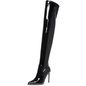 imageFSJ Women Fashion Pointed Toe Stiletto High Heels Over the Knee Boots Rhinestone Glossy Leather Heeled Boots with Zipper Size 415 USBlack