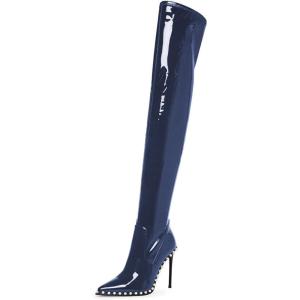 imageFSJ Women Fashion Pointed Toe Stiletto High Heels Over the Knee Boots Rhinestone Glossy Leather Heeled Boots with Zipper Size 415 USBlue