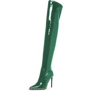 imageFSJ Women Fashion Pointed Toe Stiletto High Heels Over the Knee Boots Rhinestone Glossy Leather Heeled Boots with Zipper Size 415 USGreen