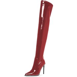 imageFSJ Women Fashion Pointed Toe Stiletto High Heels Over the Knee Boots Rhinestone Glossy Leather Heeled Boots with Zipper Size 415 USRed