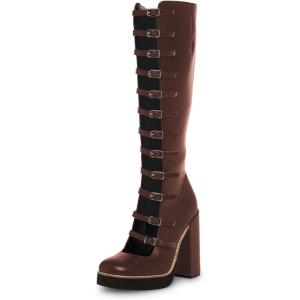 imageFSJ Women Fashion Straps Buckle Round Toe Knee High Boots Chunky High Heel Casual Walking Ladies Platform Shoes Size 415 USDark Brown
