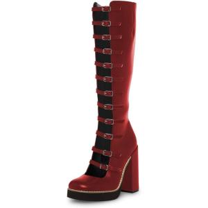 imageFSJ Women Fashion Straps Buckle Round Toe Knee High Boots Chunky High Heel Casual Walking Ladies Platform Shoes Size 415 USDark Red