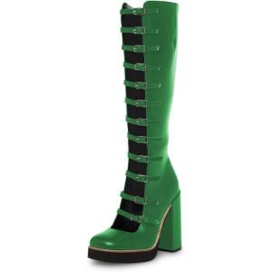imageFSJ Women Fashion Straps Buckle Round Toe Knee High Boots Chunky High Heel Casual Walking Ladies Platform Shoes Size 415 USGreen