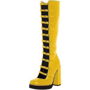 imageFSJ Women Fashion Straps Buckle Round Toe Knee High Boots Chunky High Heel Casual Walking Ladies Platform Shoes Size 415 USYellow