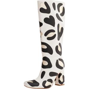 imageFSJ Women Knee High Boots Cute AnimalPrint Side Zipper Chunky Block Heel Round Toe Wide Calf Party Casual Dating Shoes Size 416 USLion