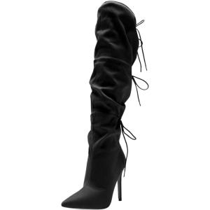 imageFSJ Women Lace Up Over the Knee Boots Stiletto High Heel Pointed Toe Thigh High Sexy Party Dress Long Boots Size 416 USBlack