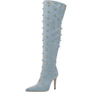 imageFSJ Women Studded Stiletto High Heel Over the Knee Boots Pointed Toe Side Zipper Thigh High Boot Long Fall Winter Sexy Stretch Suede Shoes Size 416 USBlue