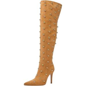 imageFSJ Women Studded Stiletto High Heel Over the Knee Boots Pointed Toe Side Zipper Thigh High Boot Long Fall Winter Sexy Stretch Suede Shoes Size 416 USBrown