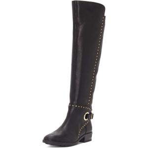 imageFSJ Women Studs Low Stacked Heel Riding Wide Calf Knee High Boots Round Toe Pull On Flats Long Boots Western Zipper Dress Shoes Size 415 USBlack