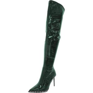 imageFSJ Women Thigh High Boots High Stiletto Heels Side Zipper Glossy Leather Stretch Sexy Over the Knee Boots Pointed Toe Studded Fashion Shoes Size 416 USGreen
