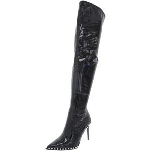 imageFSJ Women Thigh High Boots High Stiletto Heels Side Zipper Glossy Leather Stretch Sexy Over the Knee Boots Pointed Toe Studded Fashion Shoes Size 416 USBlack