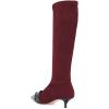 imageFSJ Women Elegant Knee High Long Boots Closed Toe Mid Kitten Heels Fashion Ruffles Shoes Size 415 USWine Red