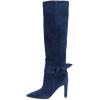 imageFSJ Women Elegant Pointed Closed Toe Knee High Long Boot Pull On Mid Heels Booties Faux Suede Dress Casual Ladies Shoes With Bow Size 415 USDark Blue