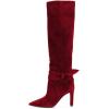 imageFSJ Women Elegant Pointed Closed Toe Knee High Long Boot Pull On Mid Heels Booties Faux Suede Dress Casual Ladies Shoes With Bow Size 415 USWine Red