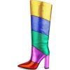 imageFSJ Women Multicolor Knee High Boots Chunky High Heel Pointed Toe Colorful Leather Stretchy Riding Booties Party Dress Shoes Size 415 USBlue