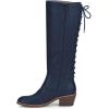 imageFSJ Women Retro Knee High Combat Boots Stacked Block Heels Almond Toe Laceup Zipper Party Winter Boots Shoe Size 415 USNavy