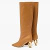 imageFSJ Women Stylish Chain Heel Knee High Boots Rounded Toe Side Zip Boot Wide Calf Fashion High Heel Daily Wear Casual Outing Shoes Size 416 USBrown