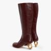 imageFSJ Women Stylish Chain Heel Knee High Boots Rounded Toe Side Zip Boot Wide Calf Fashion High Heel Daily Wear Casual Outing Shoes Size 416 USBurgundy