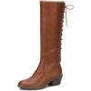 imageFSJ Women Retro Knee High Combat Boots Stacked Block Heels Almond Toe Laceup Zipper Party Winter Boots Shoe Size 415 USBrown