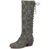 imageFSJ Women Retro Knee High Combat Boots Stacked Block Heels Almond Toe Laceup Zipper Party Winter Boots Shoe Size 415 USSnakeskin