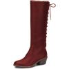 imageFSJ Women Retro Knee High Combat Boots Stacked Block Heels Almond Toe Laceup Zipper Party Winter Boots Shoe Size 415 USWine Red